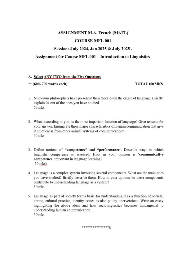 IGNOU MFL-001 SOLVED ASSIGNMENT 2024-25 ENGLISH MEDIUM